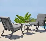 Oakmont Outdoor Furniture 3 Piece Conversation Bistro Set Rocking Chairs and Glass Top Table, Thick Cushions, Black Steel (Grey)