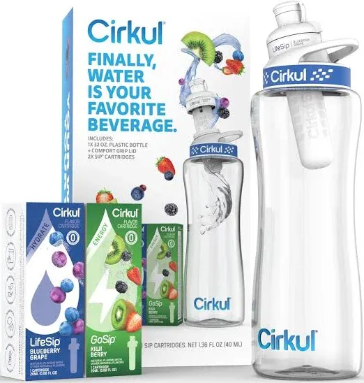 Cirkul 32oz Plastic Starter Kit with Navy Blue Lid, 2 Flavor Cartridges (blueberry Grape & Kiwi berry)