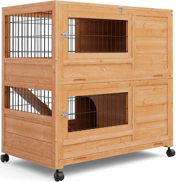  Indoor Rabbit Hutch with 2 Deeper No Leak Trays &amp; 4 Casters, 35.5 Inch Natural