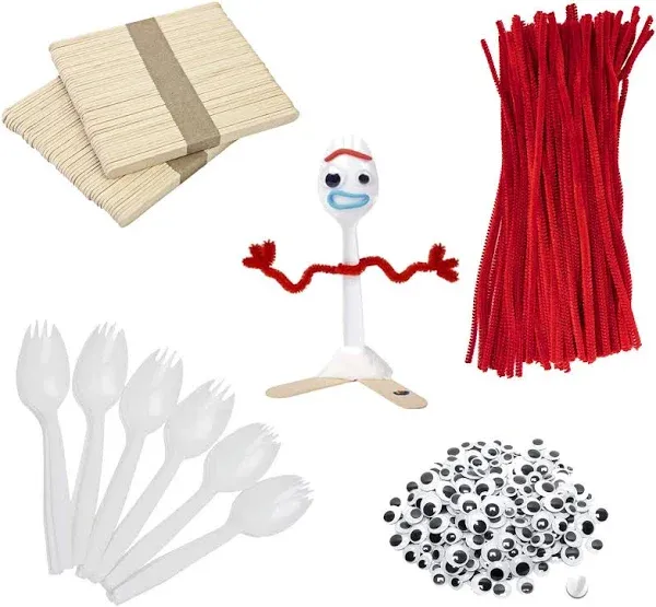 Fork Creativity Set, 100 Sets Forky DIY Creative Crafts Pack Plastic Sporks Red Pipe Cleaners Googly Eyes Popsicle Stick