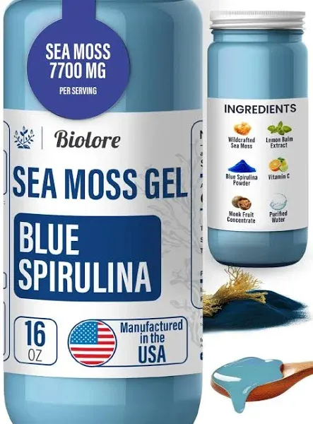 Sea Moss Gel 7700mg Blue Spirulina Made in USA Raw Wildcrafted Irish Seamoss Essential Vitamins Trace Minerals Vegan Superfood for Immune Support, Jam, Jelly & Sweet Spread Gifts (Blue Spirulina 32OZ)