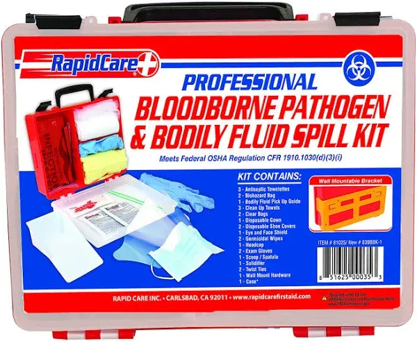 Rapid Care First Aid 839-LGBBK-1 Premium Bloodborne Pathogen & Bodily Fluid Spill Clean Up Kit, OSHA Compliant, Wall Mountable, 10" x 8" x 3.5",Red/Clear