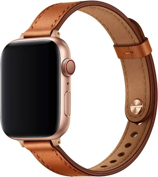 OUHENG Slim Band Compatible with Apple Watch Band 42mm (Series 10) 41mm 40mm 38mm, Women Genuine Leather Band Replacement Thin Strap for iWatch SE2 SE Series 10 9 8 7 6 5 4 3 2 1 (Brown/Rose Gold)