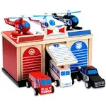 Rescue Station Kids Playset - 2-Level, 3-Bay Parking Garage Toy Set with Fire Truck, Ambulance, Police Car, and 3 Rescue Helicopters - Wooden Toy