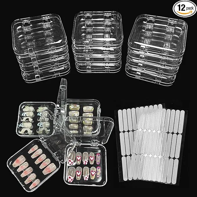 12pcs Press on Nail Storage Box with 60 Pcs Adhesive Double Sided Tape Acrylic Nail Display Box Artificial False Nail Box Organizer Fake Nail Case Transparent Nail Packaging Boxes for Nail Salon