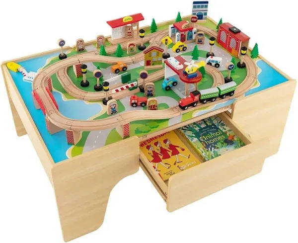 INFANS Train Table 84 Pieces Wooden Kids Activity Toy Table Playset with Reversible Detachable Tabletop