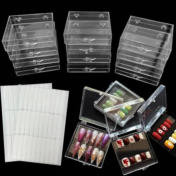 12pcs Press on Nail Storage Box with 60 Pcs Adhesive Double Sided Tape Clear Empty Plastic Nail Case Acrylic Fake Artificial False Nail Display Box Organizer for Home Nail Salon Nails Packaging Box