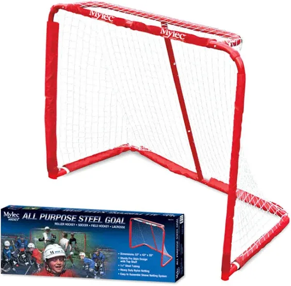 Mylec Steel Junior Hockey Goal for Indoor + Outdoor (52” x 43”), Easy Assembly, Lightweight, Portable, and Net Weave System (Red, 17 Pounds)