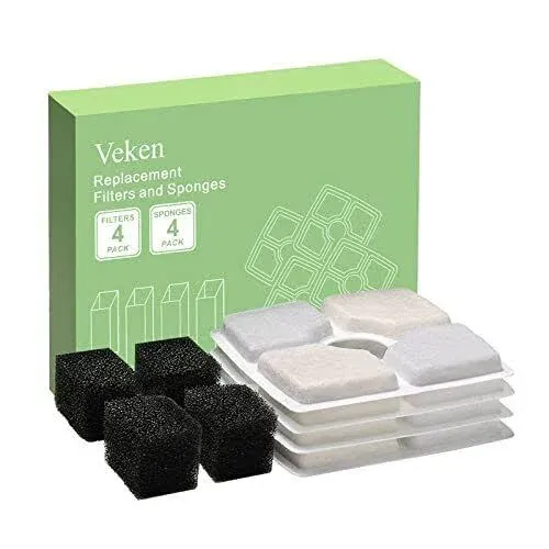 Veken 4 Pack Replacement Filters & 4 Pack Replacement Pre-filter Sponges for Automatic Pet Fountain Cat Water Fountain Dog Water Dispenser