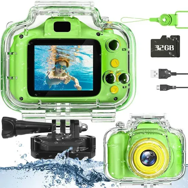 Kids Waterproof Camera - Birthday Gifts for 3 4 5 6 7 8 9 10 Year Old Boys 2 Inch IPS Screen Underwater Action Camera with 32 GB SD Card, Pool Toys for Kids Age 8-12 Green