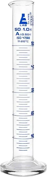 Eisco Labs - 50mL Measuring Cylinder - Tolerance ±0.50mL - Class A Graduated Cylinder - Calibrated TC - Hexagonal Base - Blue Graduations - Batch Work Certificate QR Code - Boro 3.3 Glass