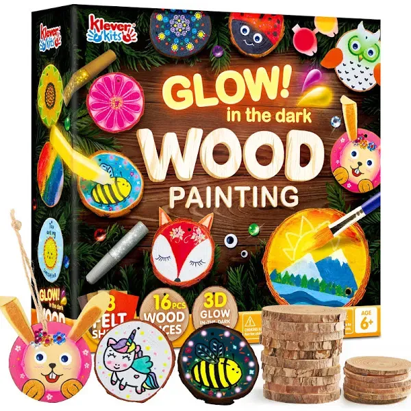 Klever Kits 16 pcs Wooden Painting Kit-Glow in The Dark Arts and Crafts for Kids Ages 6-12 Art Supplies with Felt Sheets