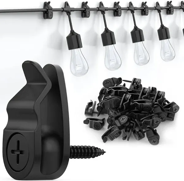 Outdoor String Lights Clips, Weatherproof Cable Hanger Hooks for Hanging Fairy Lights, Holiday Decor - Black, 50 Pack