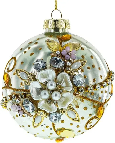 Jeweled Flowers - Exquisite Blown Glass Ball Christmas Ornament