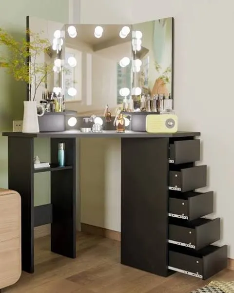 Likein Corner Makeup Vanity Desk with Mirror, Lights, Bedroom Vanity Table, Lighted Mirror, 5 