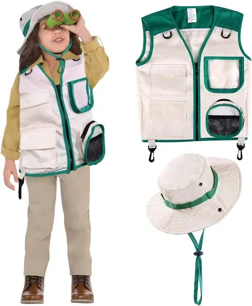 Safari Costume Cargo Vest and Hat for Kids, Outdoor Explorer Kits and Role Play for Park Ranger, Paleontologist, Zookeeper, Jane Goodall Costume,Great Backyard Safari Gift for Adventure Boys and Girls