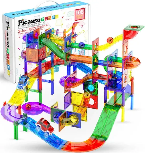 PicassoTiles 2-in-1 Magnetic Marble Run Set & Racing Track Set