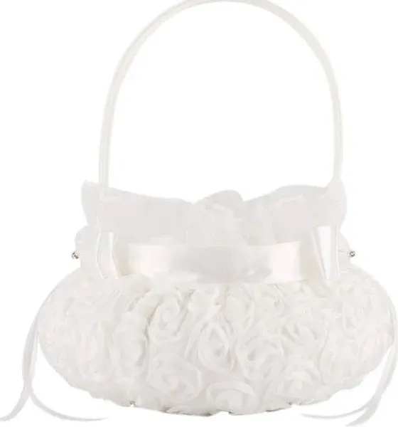 Bowknot Silk Cloth Wedding Ceremony Party Rose Flower Girl Basket (White) (Wh...