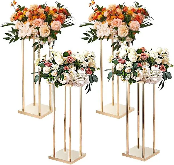 VEVOR 4PCS Gold Metal Column Wedding Flower Stand, 31.5inch High with Metal Laminate, Vase Geometric Centerpiece Stands, Cylindrical Floral Display Rack for Events Reception, Party Road Leads