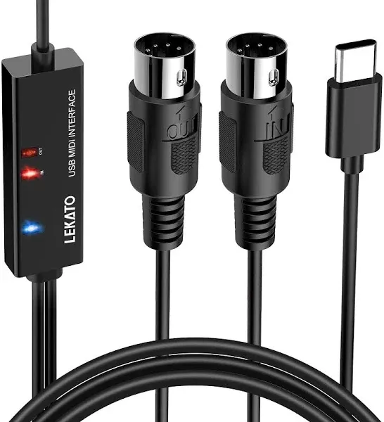 Lekato MIDI Cable MIDI to Usb C Type-C MIDI Interface with Input & Output Connecting KeyboardSynthesizer for Editing Recording