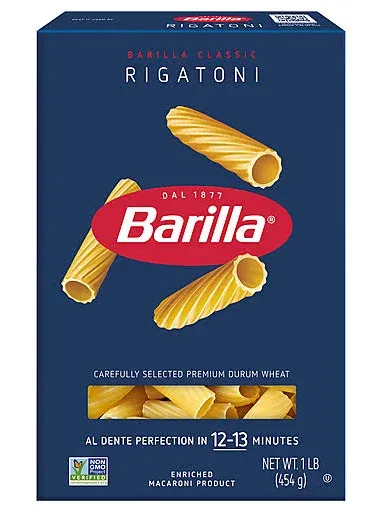 Barilla Mezzi Rigatoni Pasta, 16 oz. Box (Pack of 12) - Non-GMO Pasta Made with Durum Wheat Semolina - Kosher Certified Pasta