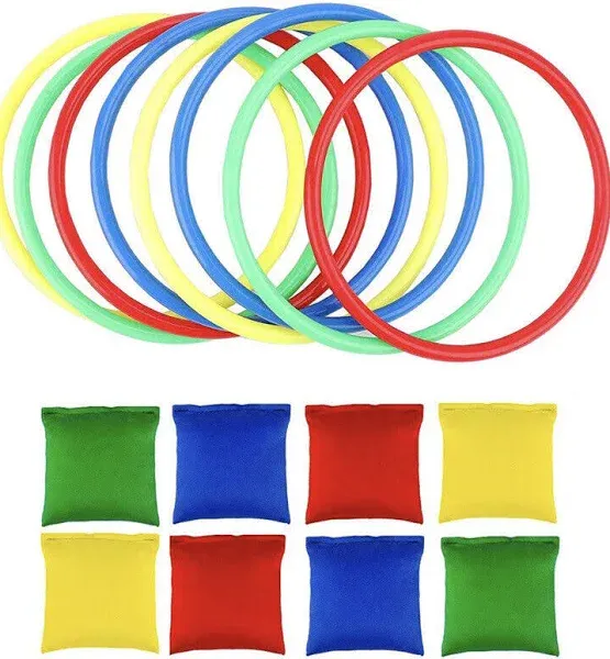 OOTSR 16pcs Nylon Bean Bags Plastic Rings Game Sets for Kids Ring Toss Game Booth Carnival Garden Backyard Outdoor Games Speed and Agility Training Games(8x8cm Bean Bag)