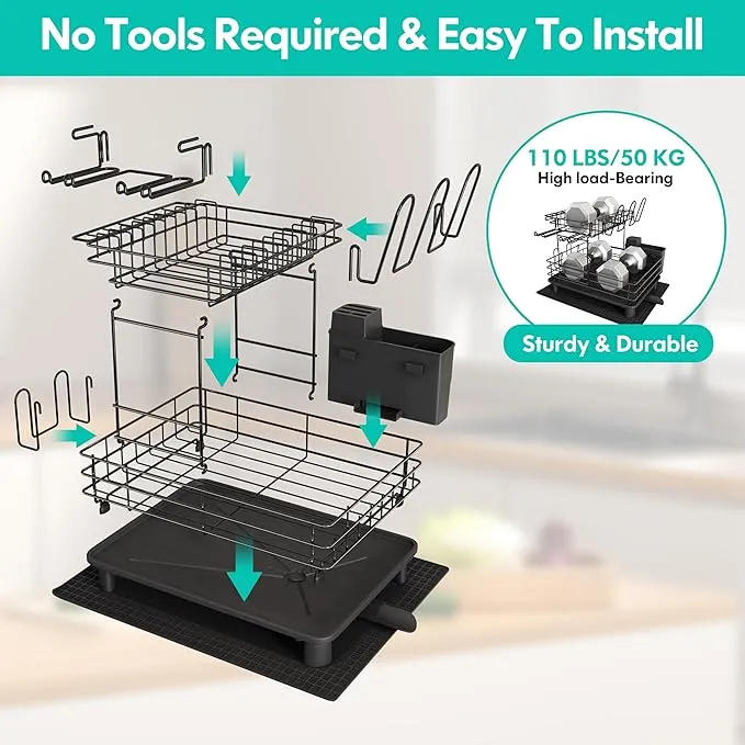 MAJALiS Kitchen Dish Drying Rack, 2 Tier Dish Drainer for Kitchen Counter, Stainless Steel Dish Strainer with Drain Board, for Dishes, Bowls, Cups, Knives, Forks, Cutting-Board, Spatula,Black