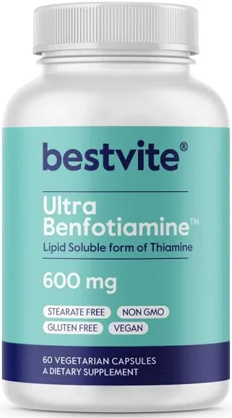 BESTVITE Ultra Benfotiamine 600mg per Capsule (60 Vegetarian Capsules) No Stearates - No Silicon Dioxide - Vegan - Non GMO - Gluten Free - Maximum Strength Benfotiamine