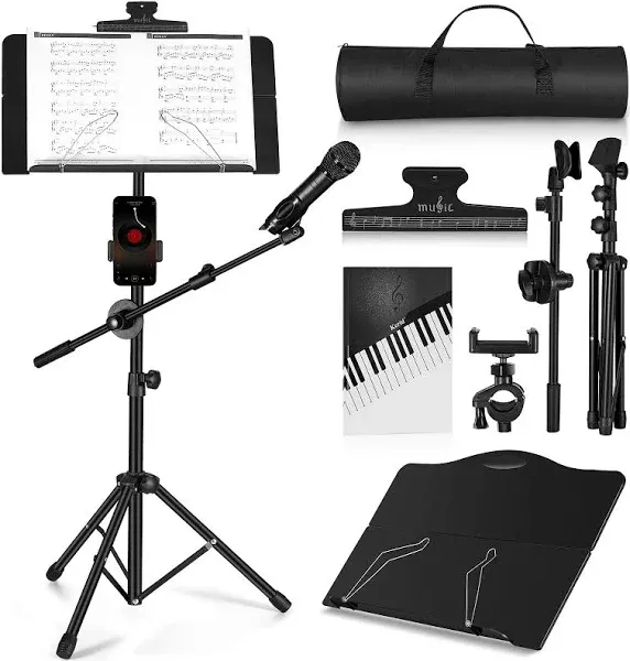 Music Stand, Folding Sheet Music Stand with Detachable Microphone Stand &amp; Pho...