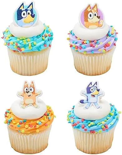 Decopac Bluey So Much Fun Rings, 24 Cupcake Decorations Featuring Bluey, Bingo, Bandit, and Chilli