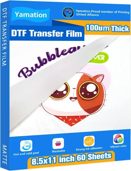 DTF Transfer Film: 100um Thickened 8.5" x 11" inch 60 Sheets Premium Double-Sided Matte Finish PET Transfer Paper Direct to Film for T-Shirts