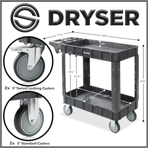 Dryser Utility Cart with Wheels, 40&#034; x 17&#034; Heavy Duty 550 lb.- 2 Tier  Two 5&#034; 