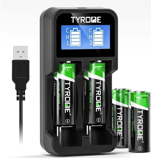 tyrone 18500 Rechargeable Batteries with Charger, 4 Pack 18500 Flat top Batteries 1500mAh 3.7V Batteries with 2-Ports Smart Charger