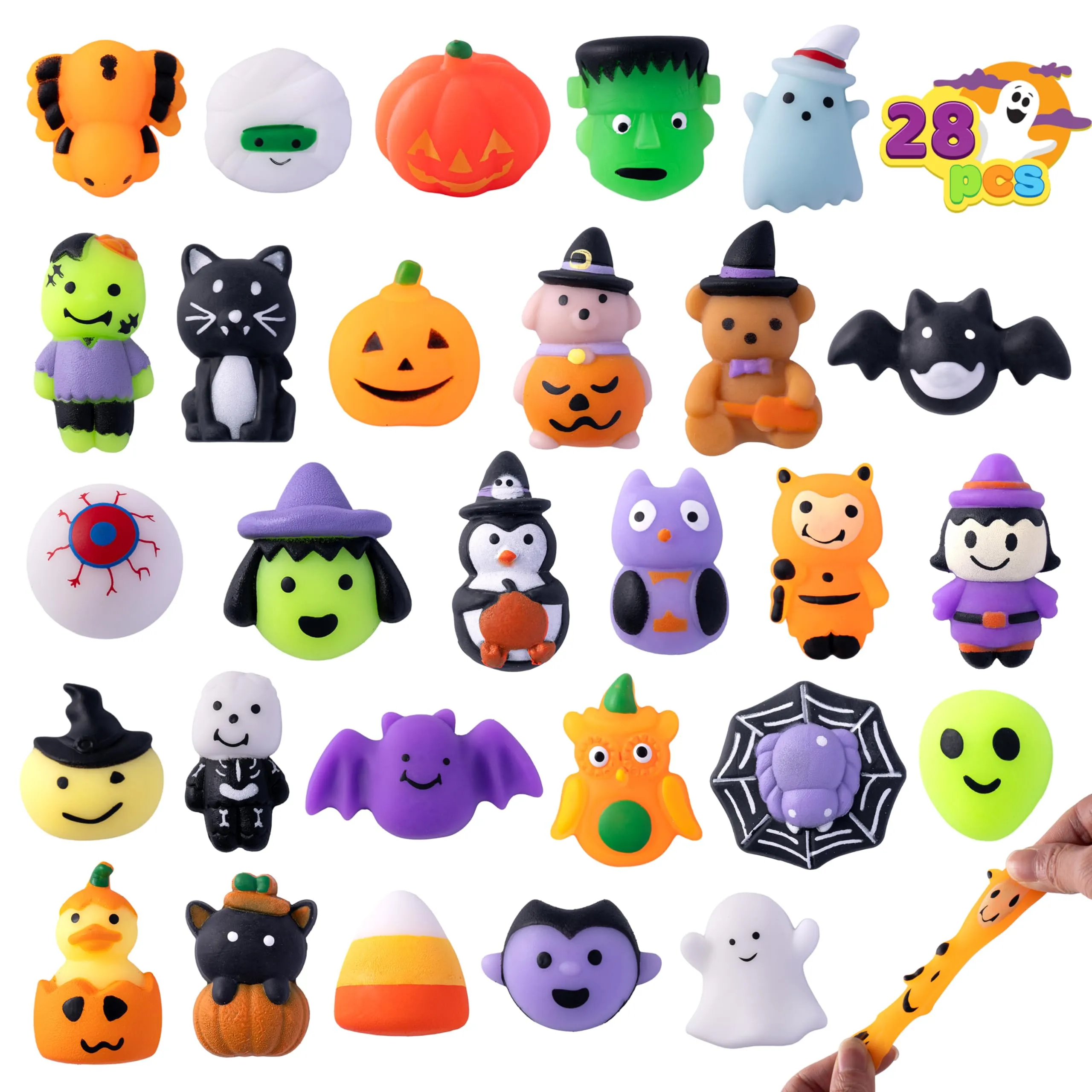 JOYIN 28 Pcs Halloween Mochi Squishy Toys, Halloween Toys for Halloween Party Favors, Halloween Sensory Stress Relief Toys Bulk, Trick or Treats Classroom Prizes Gifts Goodie Bag Fillers