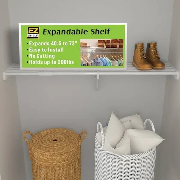 EZ Shelf - DIY Expandable Closet Shelf (NO Hanging Rod) - 40.5” to 73” - White - Easy to Install to 2 Sidewalls -(EZS-SW72)- Wire Closet Shelving Alternative