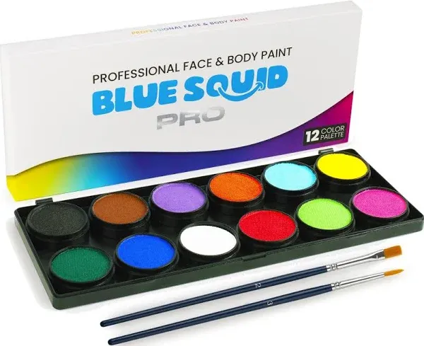 Blue Squid PRO Professional Face Painting Kit - 12 Color Palette with 2 Brushes, Face & Body Paint Kits for Adults & Kids - Safe & Washable SFX Makeup for Parties & Halloween Makeup