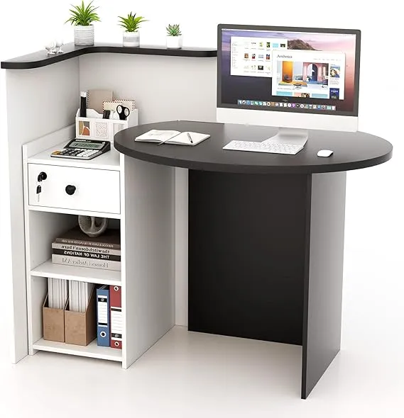 Reception Desk, Small Retail Checkout Counter with Lockable Drawer and Open Shelves, Wooden Computer Workstation for Home Office Lobby, White Oval Desktop & Brown Counter