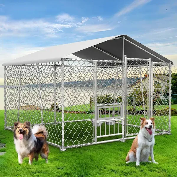 Lyromix Upgraded Outdoor Dog Kennel with Roof and Bowls Large Dog House Pen Enclosure with Sidebar