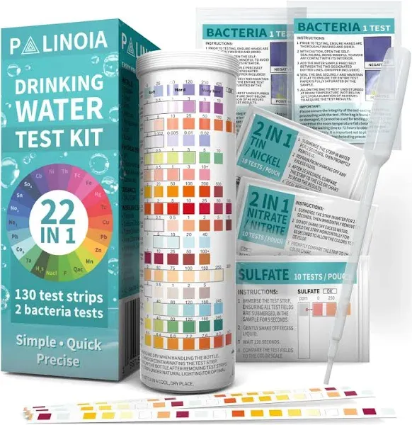 22 in 1 Drinking Water Test Kit 130 Strips - Well, Tap, Home Testing Strip for Flouride, Lead, Hardness, Chlorine, Iron, Copper & More