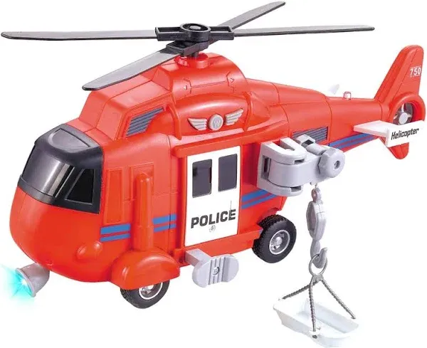 Vokodo Fire Rescue Helicopter 11" With Lights Sounds Push And Go Includes Cargo Basket Durable Kids Firefighter Friction Chopper Toy Pretend Play