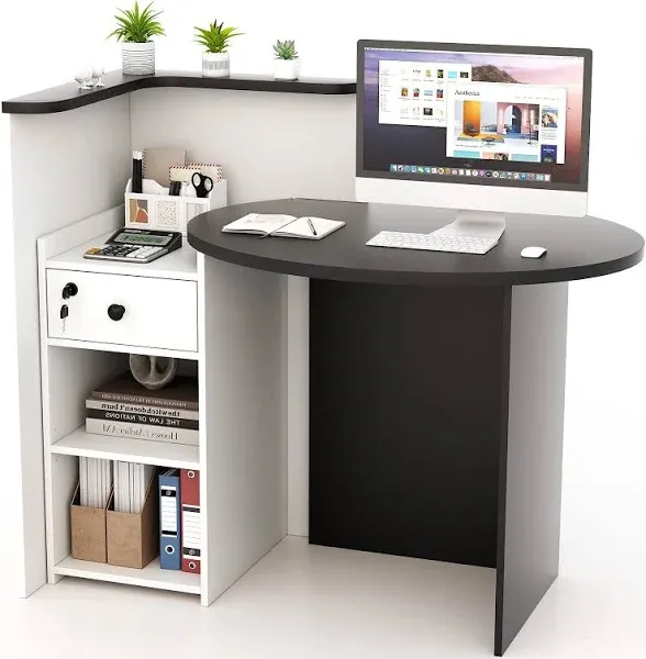 Reception Desk, Small Retail Checkout Counter with Lockable Drawer and Open Shelves, Wooden Computer Workstation for Home Office Lobby, White Oval Desktop & Brown Counter