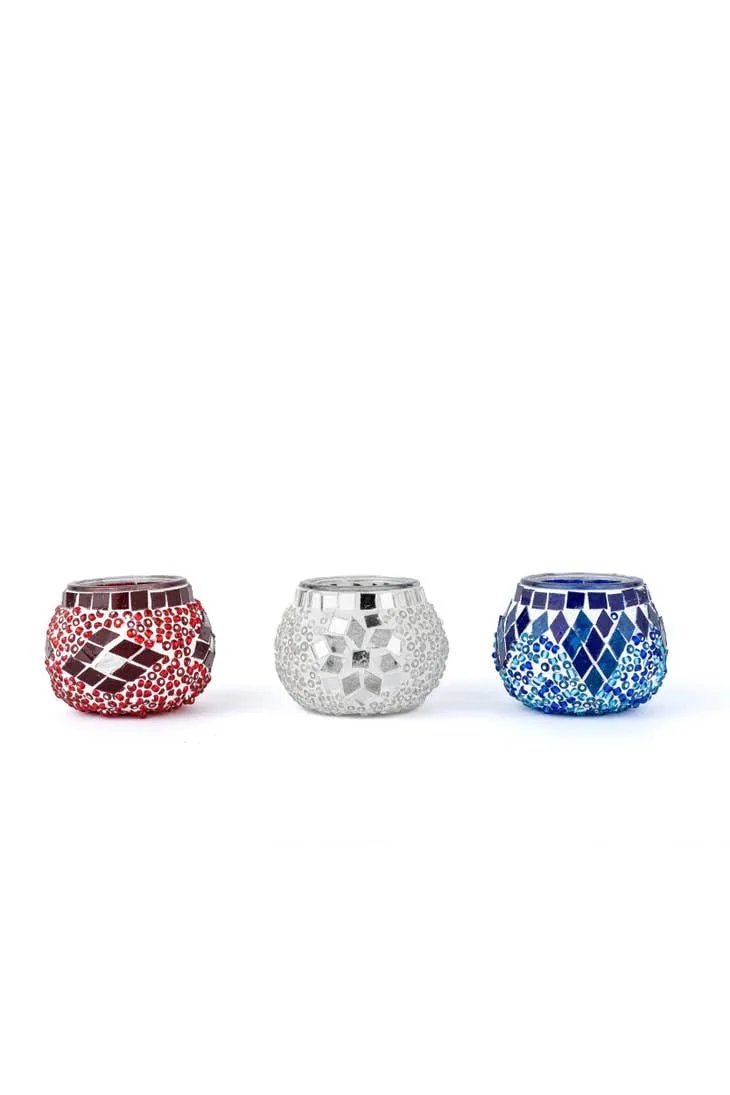 KAFTHAN Mosaic Glass Tealight Candle Holder Set of 3 - Decorative Unique Table Centerpiece for Wedding, Ball & Home - Lighting, Aromatherapy, Party & Gift - (2.4" x 2", Red, White, Blue)