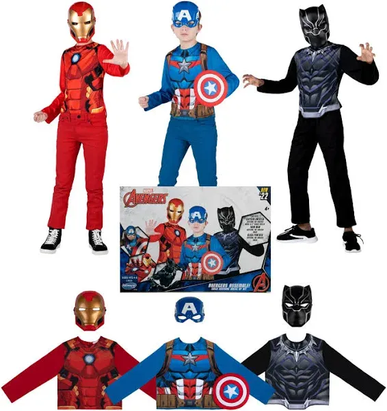 Marvel Official Avengers Child Costume Set- Iron Man, Black Panther, and Captain America Costume For Boys with 3D Masks and Shield Accessory Legends Superhero Trio Unite for Epic Adventures