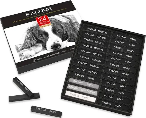 KALOUR 24 Pro Charcoal Drawing Set - Soft,Medium,Hard Charcoal and White Charcoal - Charcol Sticks for Drawing Sketching Shading - Art Supplies Gift