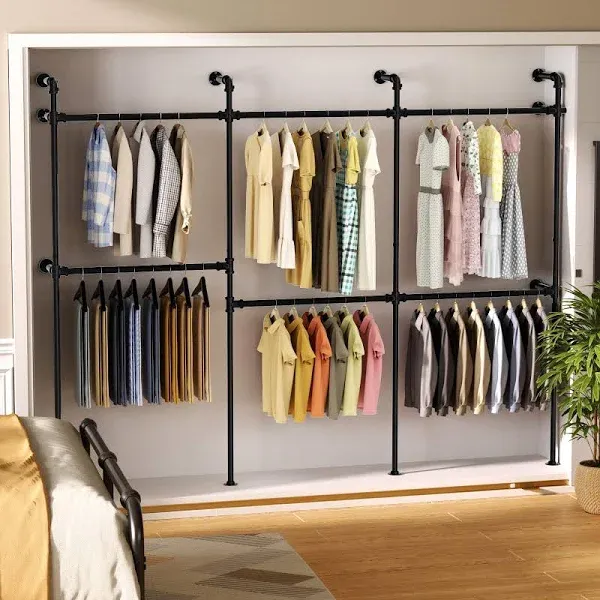 ROOMTEC Industrial Pipe Clothing Racks,Industrial Clothing Rack Wall Mounted,Black Clothes Rack Retail Display Hanging Rod,Closet Clothes Rack for Closet Storage,Laundry Room