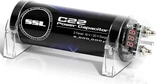 Sound Storm Laboratories C22 Car Audio Capacitor - 2 Farad, Energy Storage, Enhance Bass from Stereo, for Amplifier and Subwoofer, Warning Tones, LED Voltage Meter