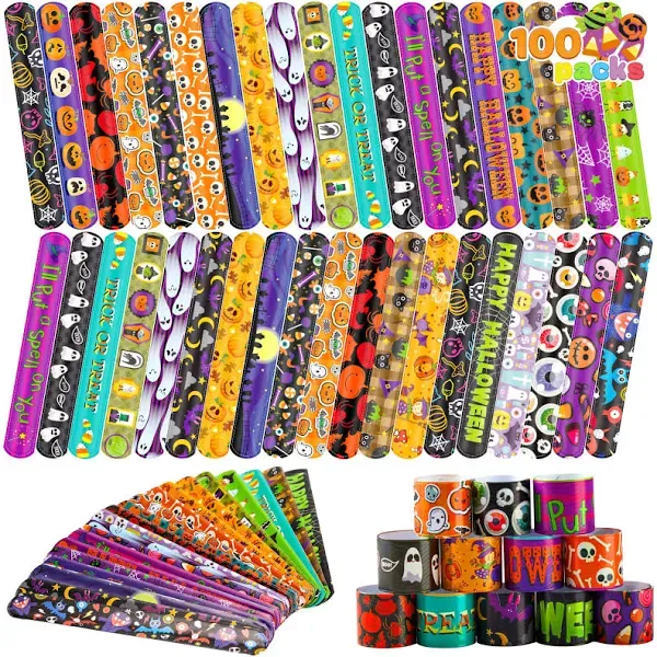 100Pcs Halloween Slap Bracelets, Halloween Party Favors Treat Toys for Kids Girls Boys, Slap Bracelets Bulk for Halloween Party Supplies, Halloween Treat Goodie Bags Gifts