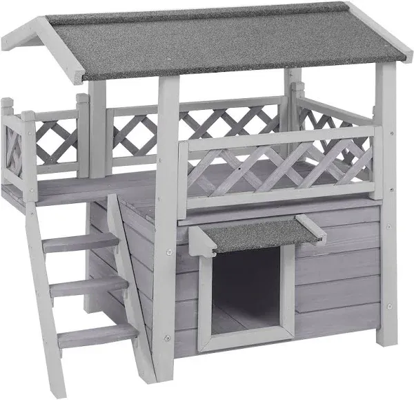 Cat House Outdoor Indoor Feral Cat Shelter Wooden Kitty House with Stairs, Balcony＆Weatherproof Roof