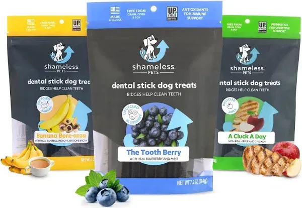 Shameless Pets Dental Treats for Dogs, Variety (4-Pack) - Healthy Dental Sticks for Teeth Cleaning & Fresh Breath - Dog Bones Dental Chews Free from Grain, Corn & Soy