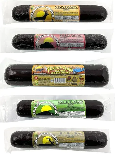 PEARSON RANCH SINCE 1959 Game Meat Summer Sausage Variety Pack of 5 Elk, Buffalo Wild Boar, & Fender Blend (rabbit, alligator, venison, elk, buffalo) Exotic Meat Summer Sausage Pack, Gluten-Free